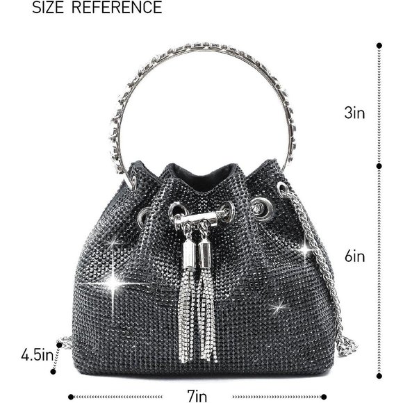 Women Silver Rhinestone Luxury Diamond Shining Chain Crossbody Bucket Bling Bag - Picture 5 of 5